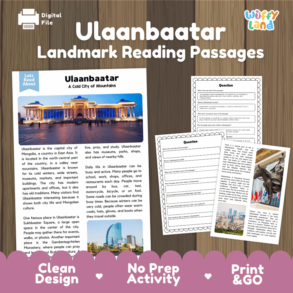 Ulaanbaatar landmark reading passage and comprehension worksheet educational unit featuring nonfiction text and authentic Mongolian architecture photography