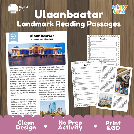Ulaanbaatar landmark reading passage and comprehension worksheet educational unit featuring nonfiction text and authentic Mongolian architecture photography