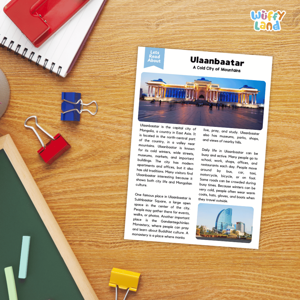 Lined reading comprehension question worksheet covering main ideas vocabulary terms and landmark facts about Ulaanbaatar Mongolia