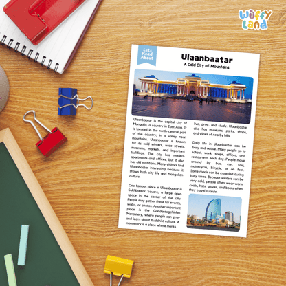 Lined reading comprehension question worksheet covering main ideas vocabulary terms and landmark facts about Ulaanbaatar Mongolia