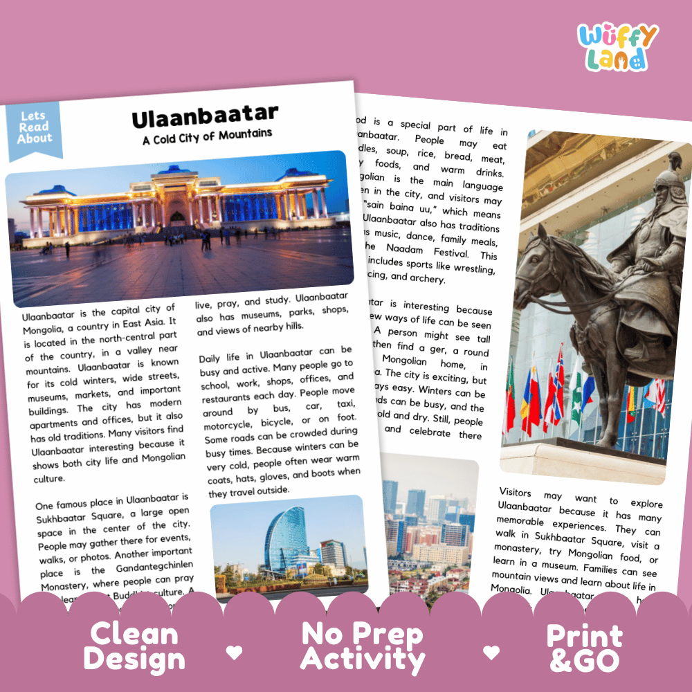 Reference sheet and answer key for Ulaanbaatar landmark reading passage displaying completed comprehension answers and East Asian geography facts