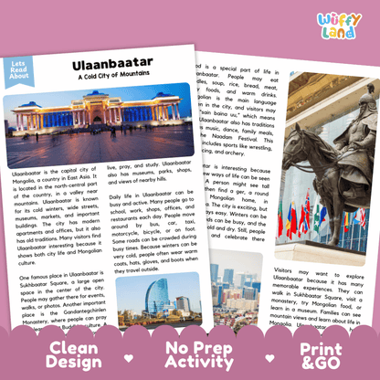 Reference sheet and answer key for Ulaanbaatar landmark reading passage displaying completed comprehension answers and East Asian geography facts