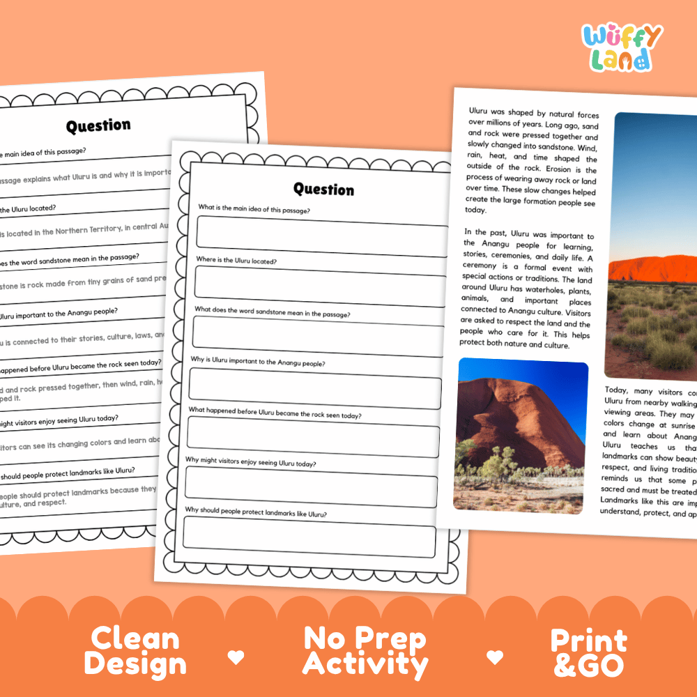 Uluru Landmark Reading Passages and Comprehension Worksheets