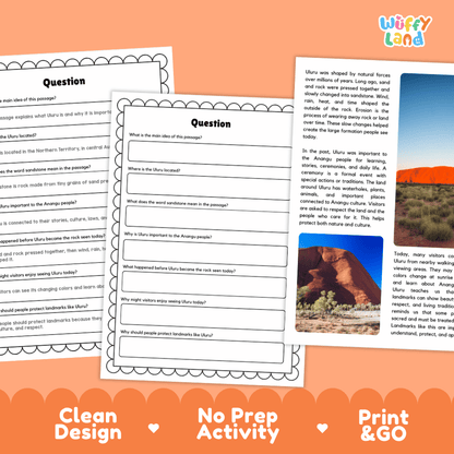Uluru Landmark Reading Passages and Comprehension Worksheets