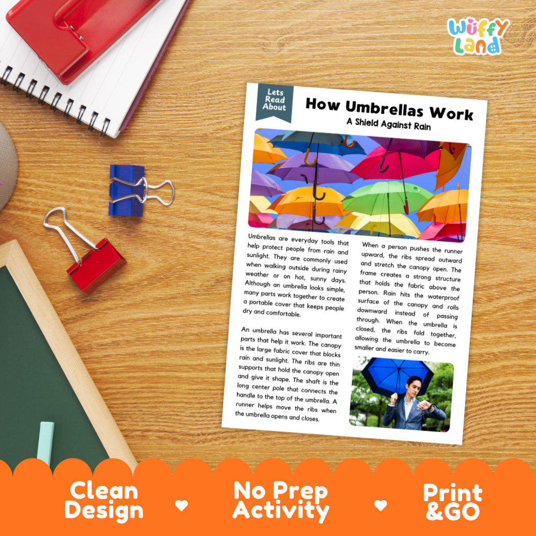 Printable student worksheet with short-answer reading comprehension questions covering umbrellas and simple mechanics