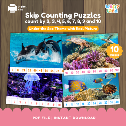 Educational printable set titled “Skip Counting Puzzles” with an ocean theme. The puzzles feature real underwater photos of dolphins, turtles, jellyfish, and tropical fish. Each puzzle strip is numbered for skip counting by 2, 3, 4, 5, 6, 7, 8, 9, and 10. The design highlights “Under the Sea Theme with Real Picture” and “10 Images,” intended for math practice and fine motor skills development.