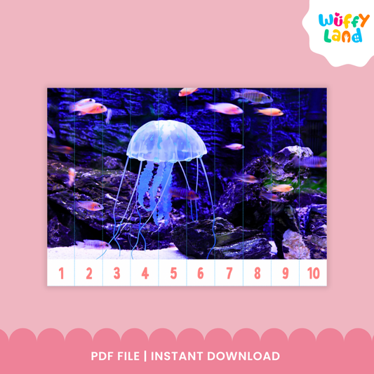 Educational printable set titled “Skip Counting Puzzles” with an ocean theme. The puzzles feature real underwater photos of dolphins, turtles, jellyfish, and tropical fish. Each puzzle strip is numbered for skip counting by 2, 3, 4, 5, 6, 7, 8, 9, and 10. The design highlights “Under the Sea Theme with Real Picture” and “10 Images,” intended for math practice and fine motor skills development.