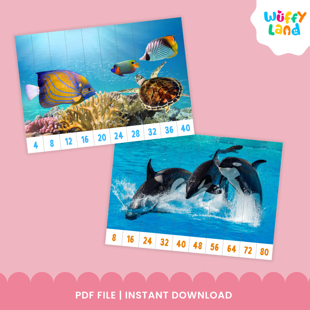 Educational printable set titled “Skip Counting Puzzles” with an ocean theme. The puzzles feature real underwater photos of dolphins, turtles, jellyfish, and tropical fish. Each puzzle strip is numbered for skip counting by 2, 3, 4, 5, 6, 7, 8, 9, and 10. The design highlights “Under the Sea Theme with Real Picture” and “10 Images,” intended for math practice and fine motor skills development.
