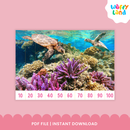 Educational printable set titled “Skip Counting Puzzles” with an ocean theme. The puzzles feature real underwater photos of dolphins, turtles, jellyfish, and tropical fish. Each puzzle strip is numbered for skip counting by 2, 3, 4, 5, 6, 7, 8, 9, and 10. The design highlights “Under the Sea Theme with Real Picture” and “10 Images,” intended for math practice and fine motor skills development.