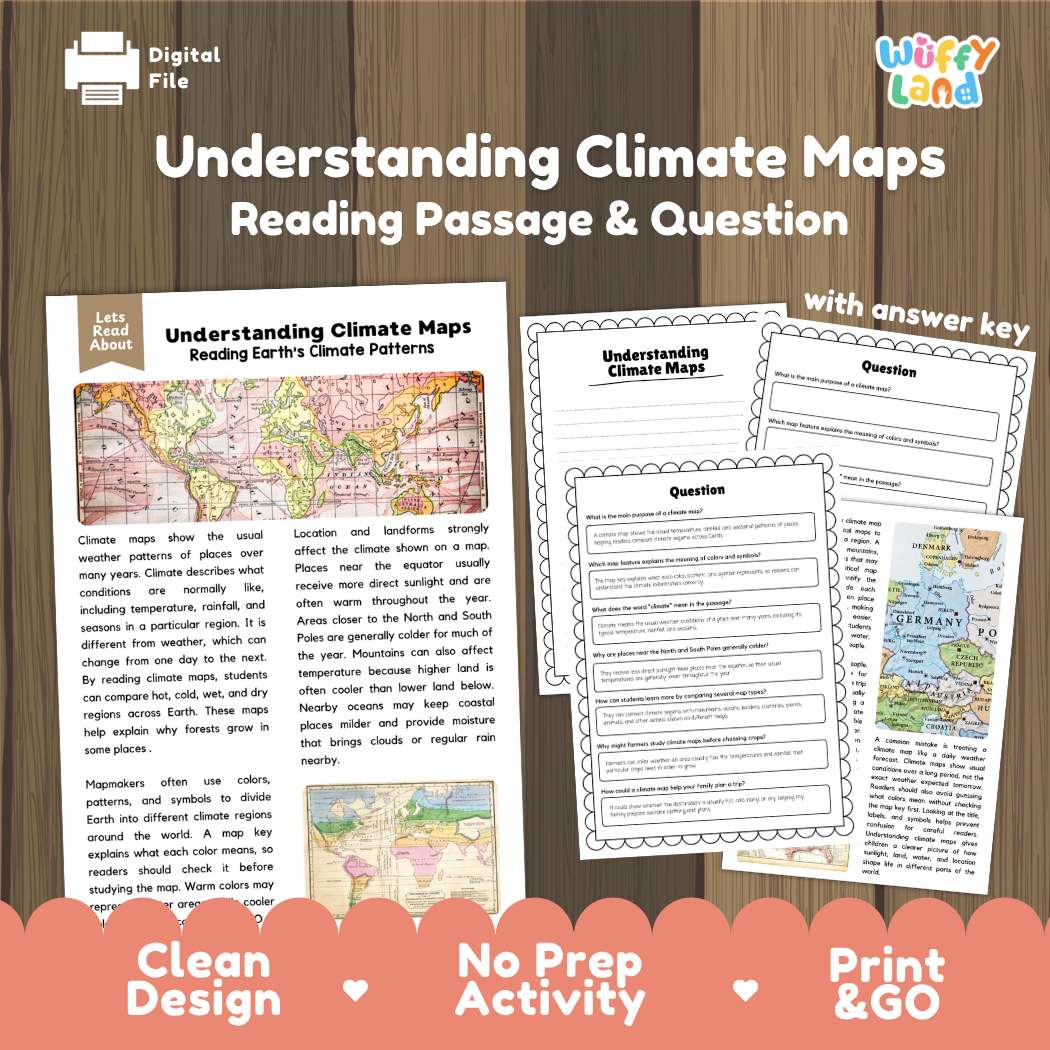 Understanding Climate Maps reading comprehension passage and questions printable activity pack with answer key for elementary students
