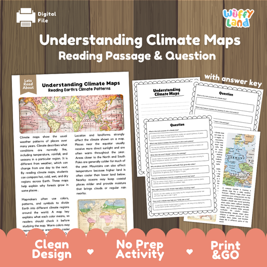 Understanding Climate Maps reading comprehension passage and questions printable activity pack with answer key for elementary students