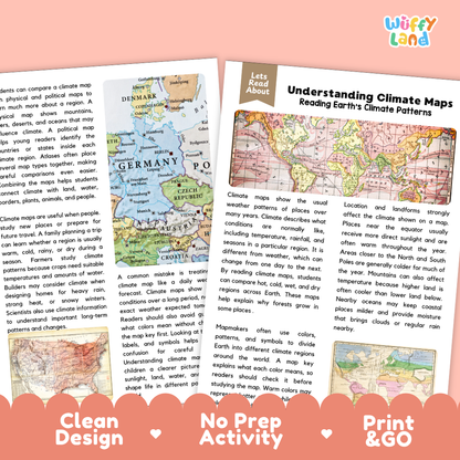 Teacher answer key page showing complete question solutions for Understanding Climate Maps Earth science and geography reading comprehension practice