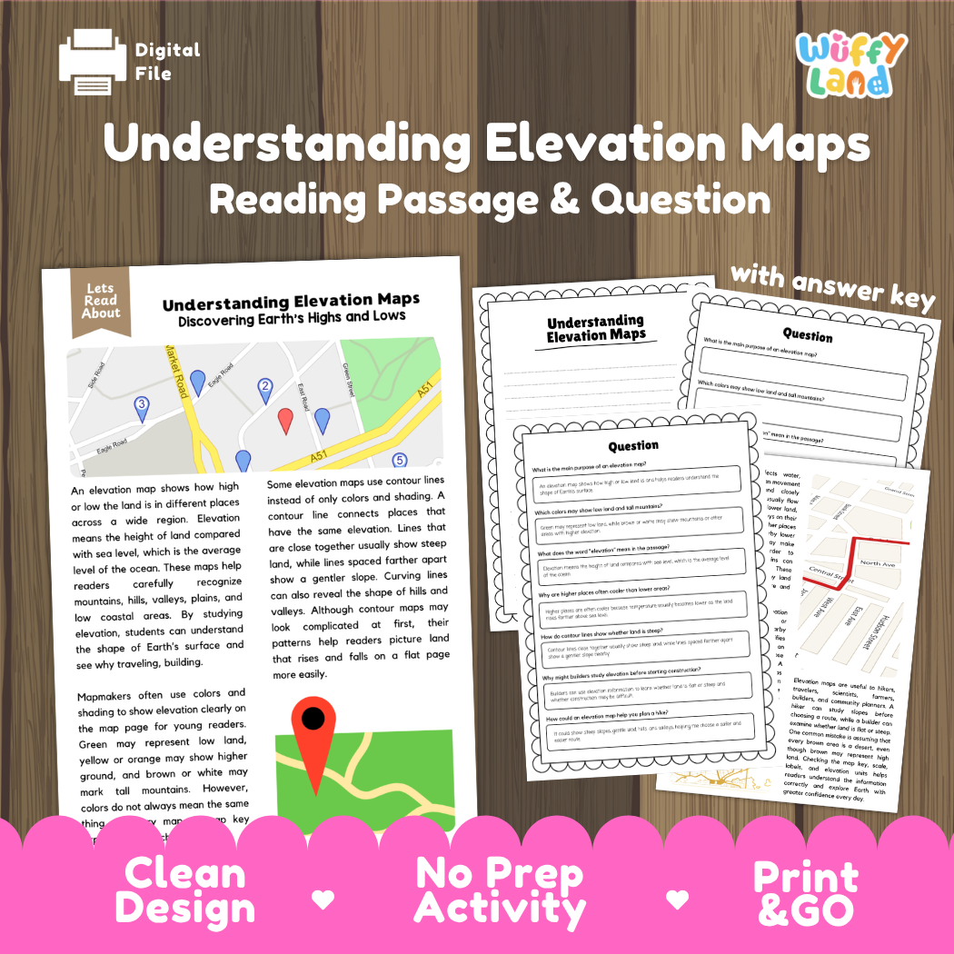 Understanding Elevation Maps reading comprehension passage and questions printable activity pack with answer key for elementary students