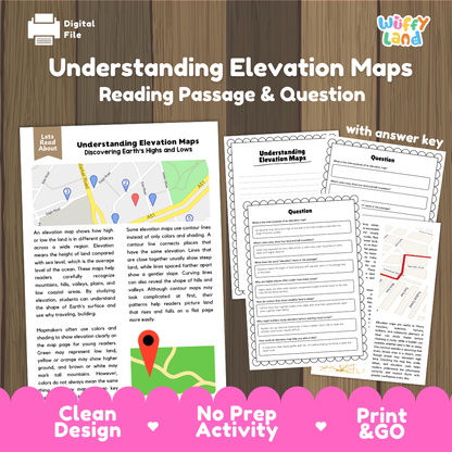 Understanding Elevation Maps reading comprehension passage and questions printable activity pack with answer key for elementary students