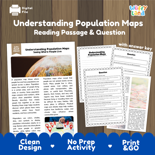 Understanding Population Maps reading comprehension passage and questions printable activity pack with answer key for elementary students