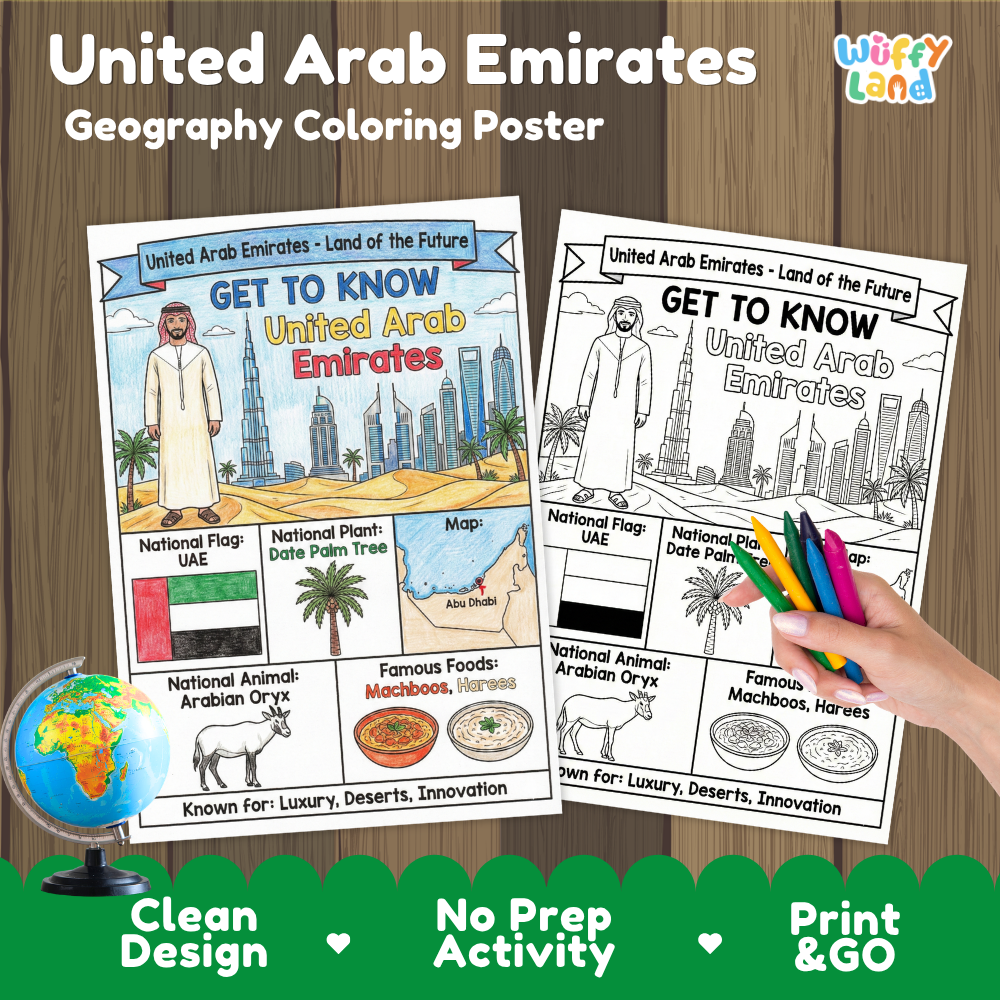 Get to know UAE coloring poster paired with photo flashcards of Burj Khalifa, Palm Jumeirah, Sheikh Zayed Grand Mosque, and henna art