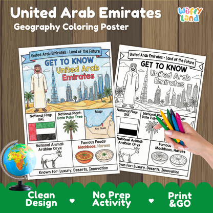 Get to know UAE coloring poster paired with photo flashcards of Burj Khalifa, Palm Jumeirah, Sheikh Zayed Grand Mosque, and henna art