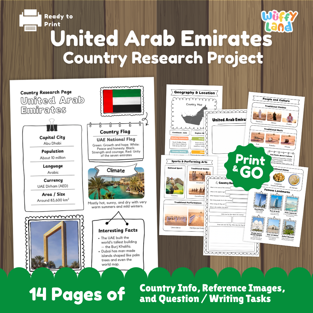 Student country research worksheet on UAE featuring national flag, Abu Dhabi capital facts, desert climate, and geography map