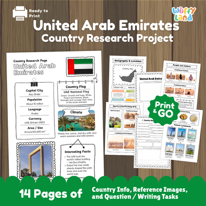 Student country research worksheet on UAE featuring national flag, Abu Dhabi capital facts, desert climate, and geography map