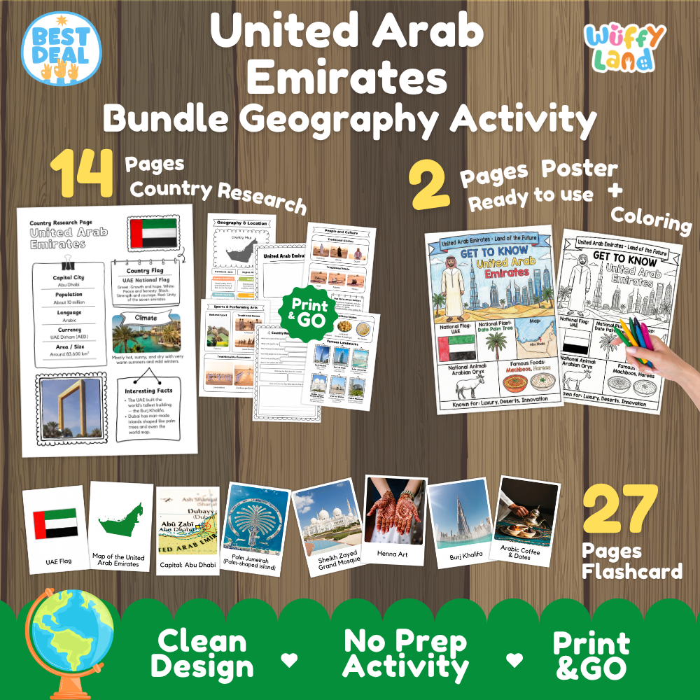 United Arab Emirates geography activity bundle cover showing 14 country research pages, 2 ready to use coloring posters, and 27 photo flashcards