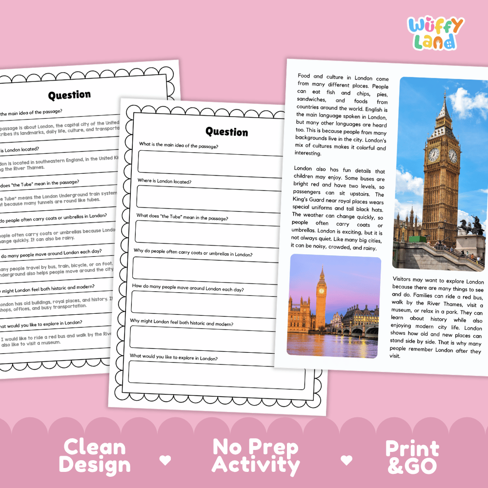 Student reading passage titled A City of Stories detailing United Kingdom London Big Ben Parliament Buckingham Palace River Thames and city photography