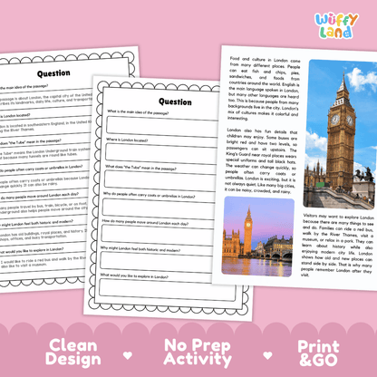 Student reading passage titled A City of Stories detailing United Kingdom London Big Ben Parliament Buckingham Palace River Thames and city photography