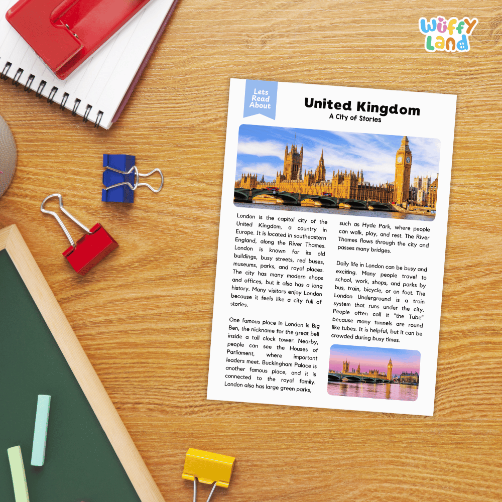 Lined reading comprehension question worksheet covering main ideas vocabulary terms and landmark facts about London and the United Kingdom