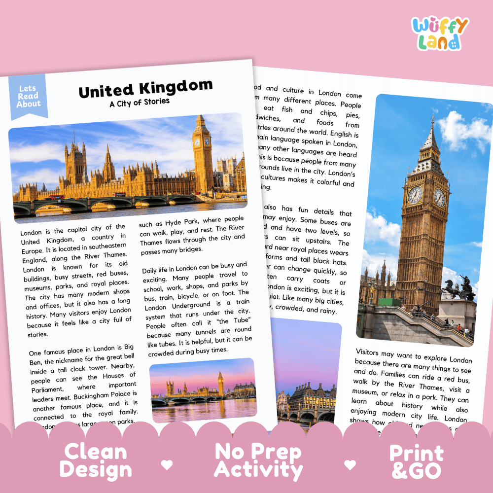 Reference sheet and answer key for United Kingdom landmark reading passage displaying completed comprehension answers and European geography facts
