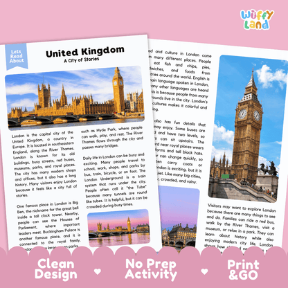 Reference sheet and answer key for United Kingdom landmark reading passage displaying completed comprehension answers and European geography facts