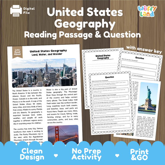 United States Geography reading comprehension passage and questions printable activity pack with answer key for elementary students