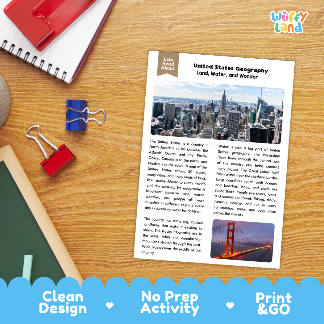 Student reading comprehension worksheet with short-answer questions and lined sections about United States geography