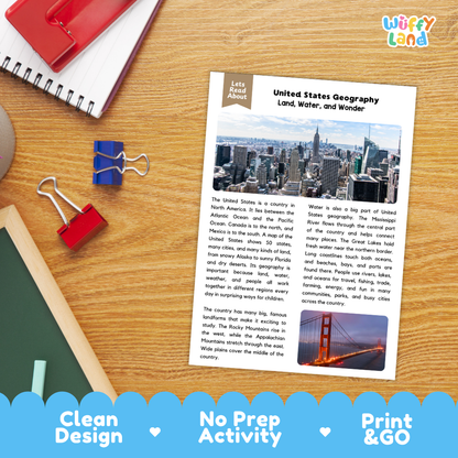 Student reading comprehension worksheet with short-answer questions and lined sections about United States geography
