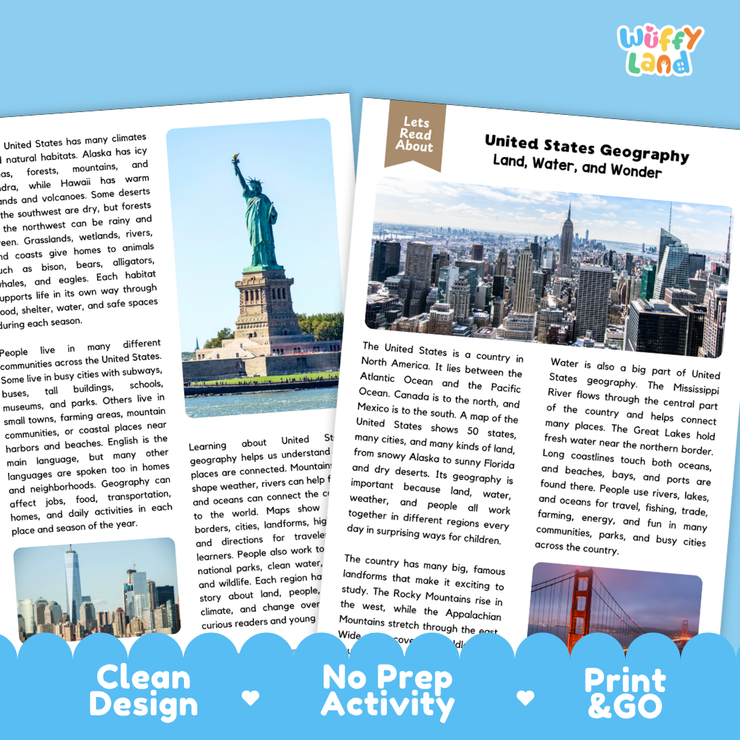 Teacher answer key page showing complete question solutions for United States geography social studies reading comprehension practice