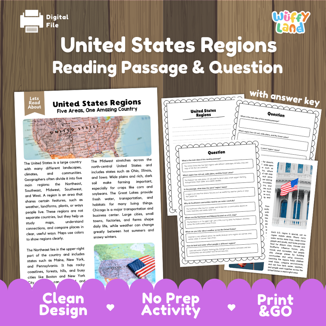United States Regions reading comprehension passage and questions printable activity pack with answer key for elementary students