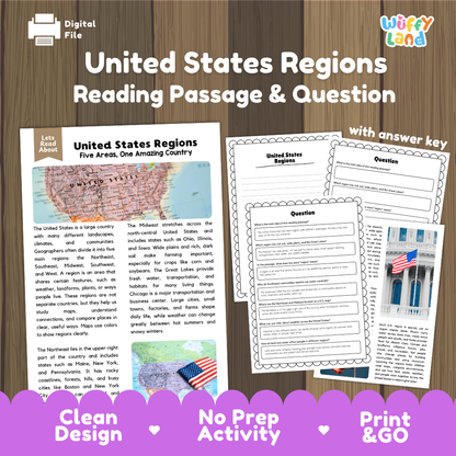 United States Regions reading comprehension passage and questions printable activity pack with answer key for elementary students