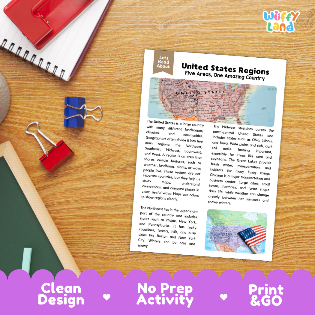 Student reading comprehension worksheet with short-answer questions and lined sections about United States regions