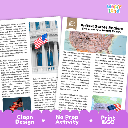 Teacher answer key page showing complete question solutions for United States regions social studies reading comprehension practice