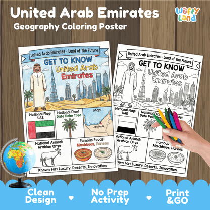 United Arab Emirates Geography Coloring Poster and Fact Sheet Printables