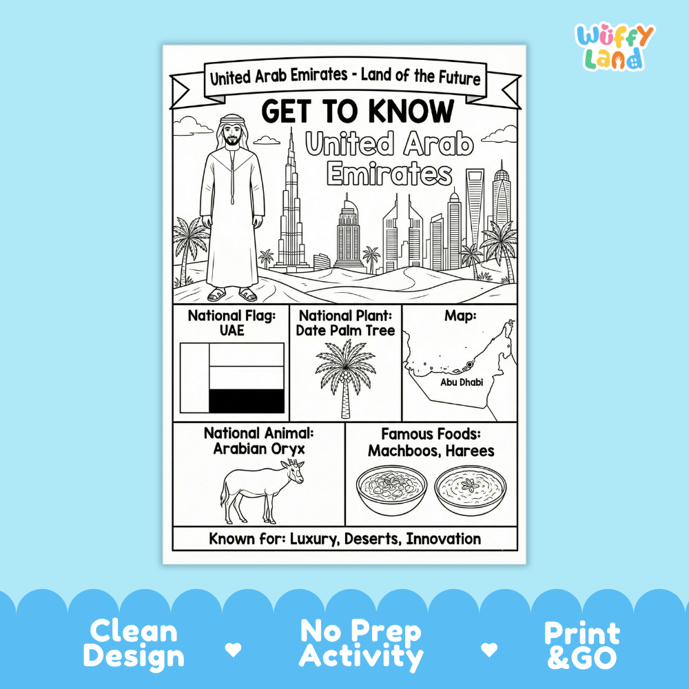 United Arab Emirates Geography Coloring Poster and Fact Sheet Printables