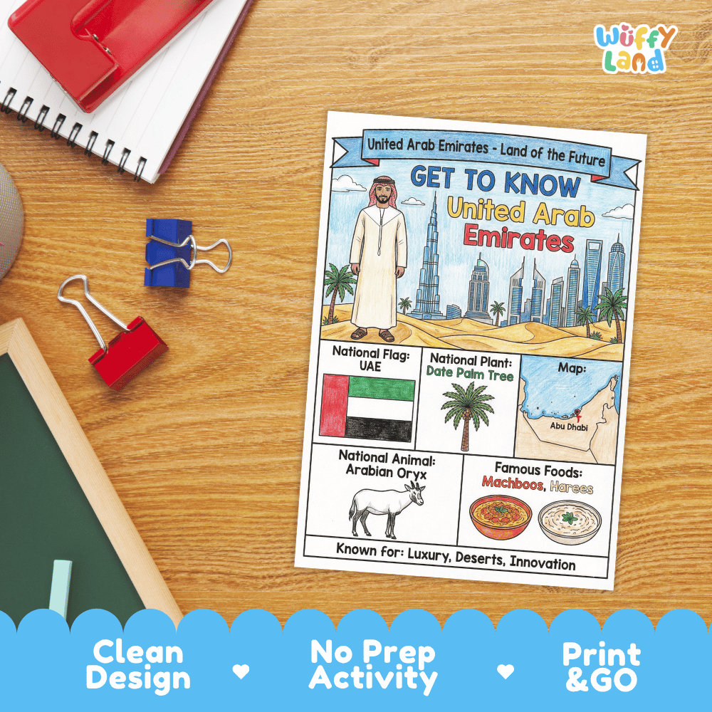 United Arab Emirates Geography Coloring Poster and Fact Sheet Printables
