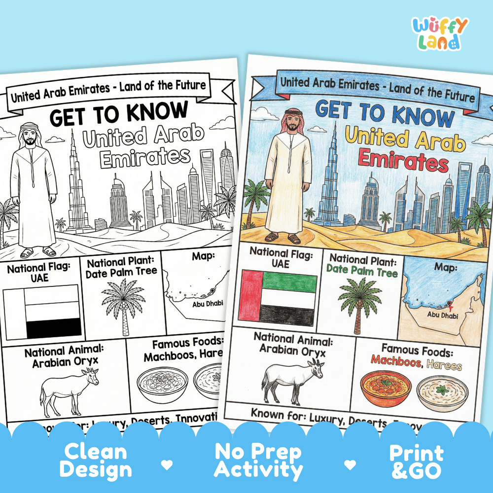 United Arab Emirates Geography Coloring Poster and Fact Sheet Printables
