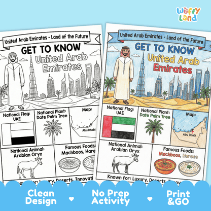 United Arab Emirates Geography Coloring Poster and Fact Sheet Printables