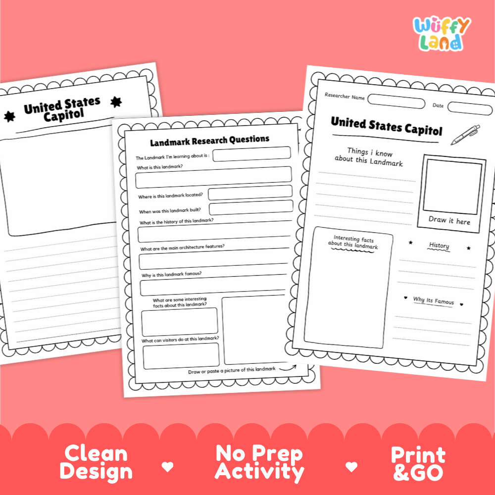 United States Capitol Landmark Research Page Worksheets and Fact Sheet Activity