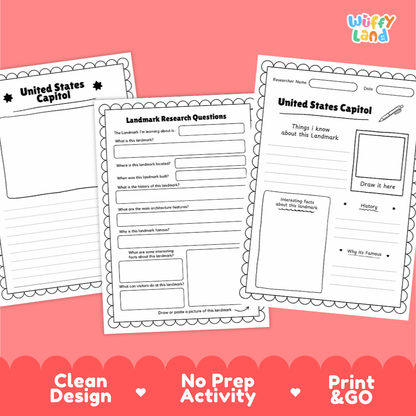 United States Capitol Landmark Research Page Worksheets and Fact Sheet Activity
