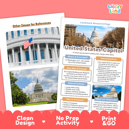 United States Capitol Landmark Research Page Worksheets and Fact Sheet Activity