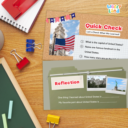 An educational US history worksheet set from Wiffly Land, displayed on a wooden desk alongside school supplies like a spiral notebook, binder clips, chalkboard, and eraser. The set includes a 'Quick Check' worksheet with a US flag and capitol building photo, and a 'Reflection' worksheet with blank lines for writing.