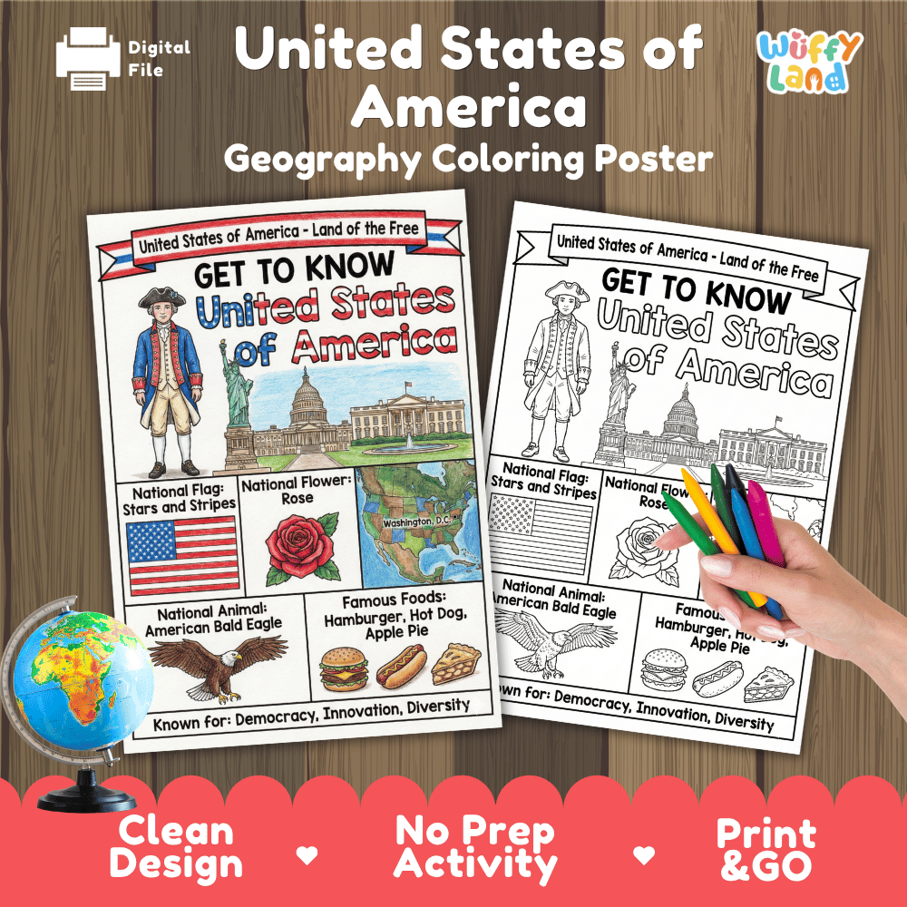 United States of America Geography Coloring Poster and Activity Worksheet