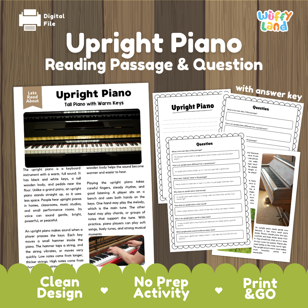 Upright Piano reading comprehension passage and questions printable activity pack with answer key for elementary students