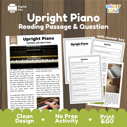 Upright Piano reading comprehension passage and questions printable activity pack with answer key for elementary students
