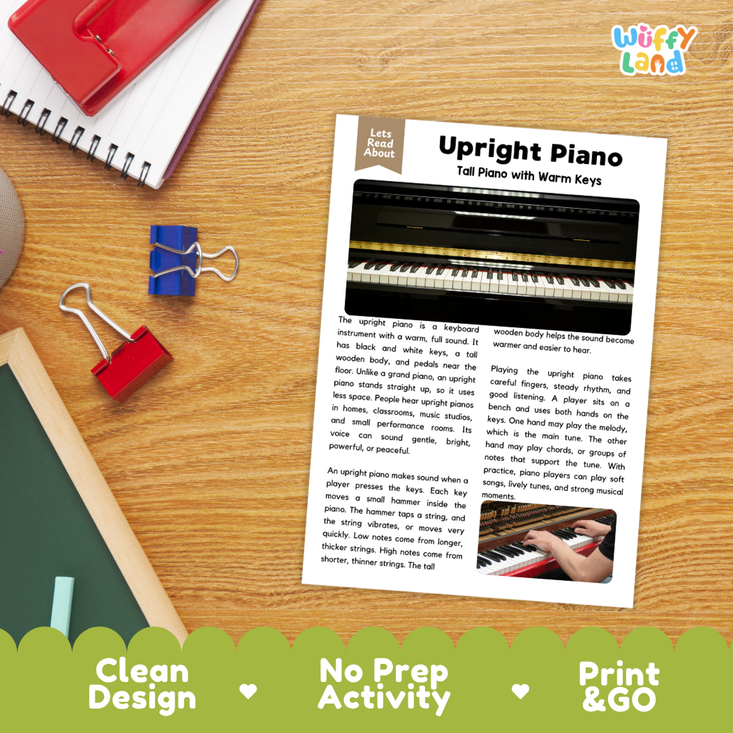 Student reading comprehension worksheet with short-answer questions and lined sections about the upright piano instrument